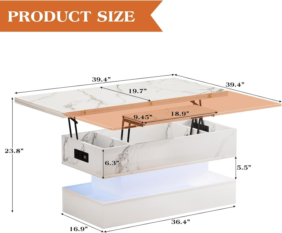 SYESWAY 39.4" Lift Top Coffee Table with Charging Station, High-Glossy Marbling Print Center Table with Hidden Compartment Storage, LED Coffee Table for Living Room, White