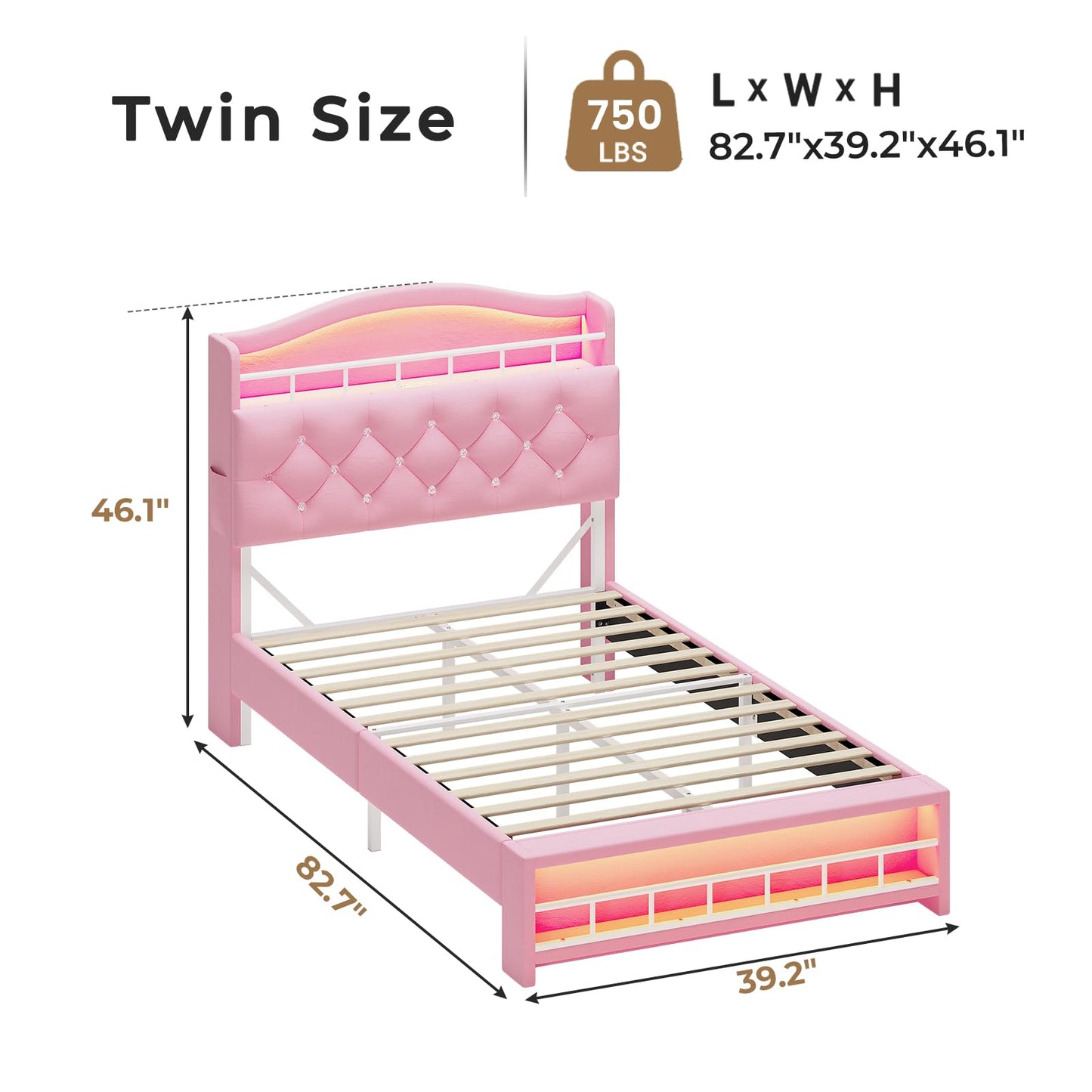 HAUOMS Twin Size Bed Frame with LED Lights, Princess Velvet Upholstered Platform Bed for Girls, Headboard with Charging Station & Guardrail & Crystal Button, No Box Spring Needed, Pink