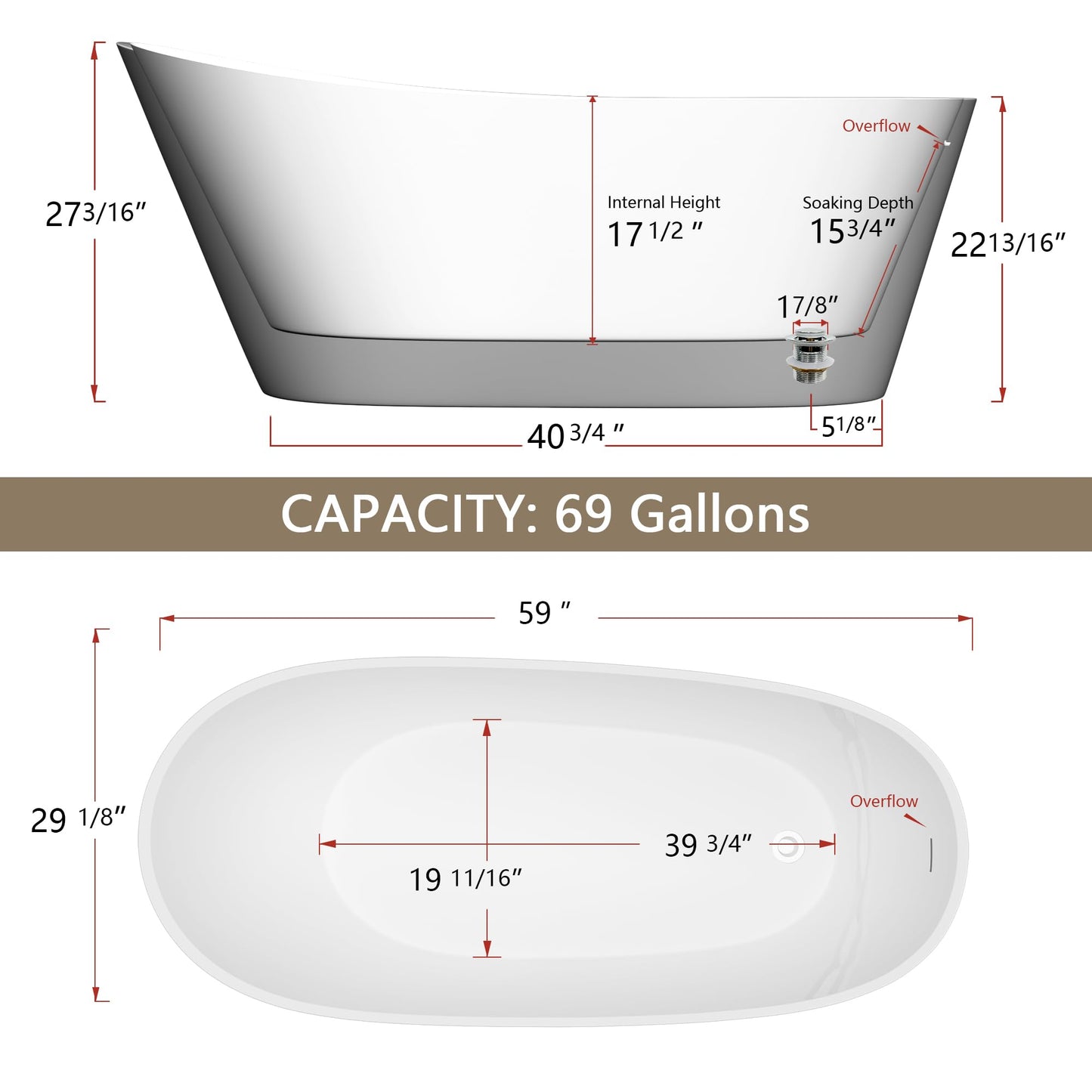 GETPRO Free Standing Tub 59" Acrylic Freestanding Bathtub, Adjustable Soaking Bath Tub Oval Shape with Integrated Slotted Overflow and Chrome Anti-clogging Drain Glossy White