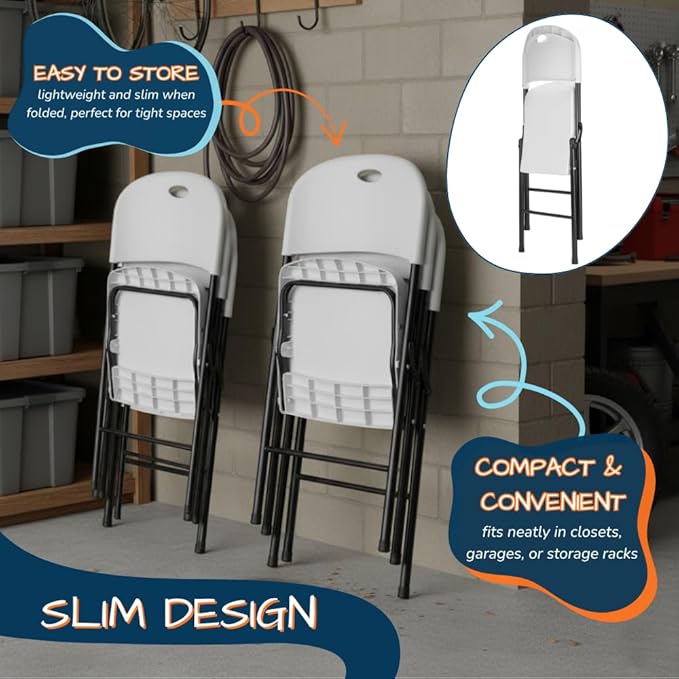 EZONE (2pcs Heavy Duty Plastic Foldable Chair for Adults, Portable Outdoor Seating for Wedding, Event, Party, Backyard, Patio, or Dining Use, Comfortable Stackable Design (White, 2 Pack)