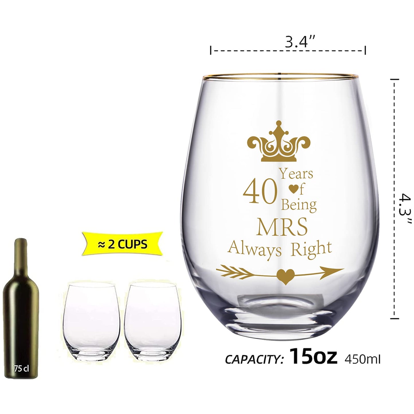 HLIKEM Pack of 2 Wine Glass Mr Right Mrs Always Right 40th Wedding Engagement Anniversary Cups for Couples Parents Tumbler 40 Years Anniversary Present Wine tumbler Cups