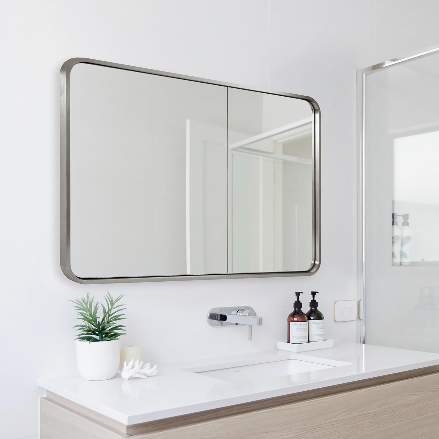ANDY STAR 48”X30” Brushed Nickel Mirrors for Bathroom, Modern Rounded Rectangle Bathroom Vanity Mirror, SUS304-Anti-Rust Metal Frame Mirror, Wall Mounted Horizontal/Vertical 1’’ Deep
