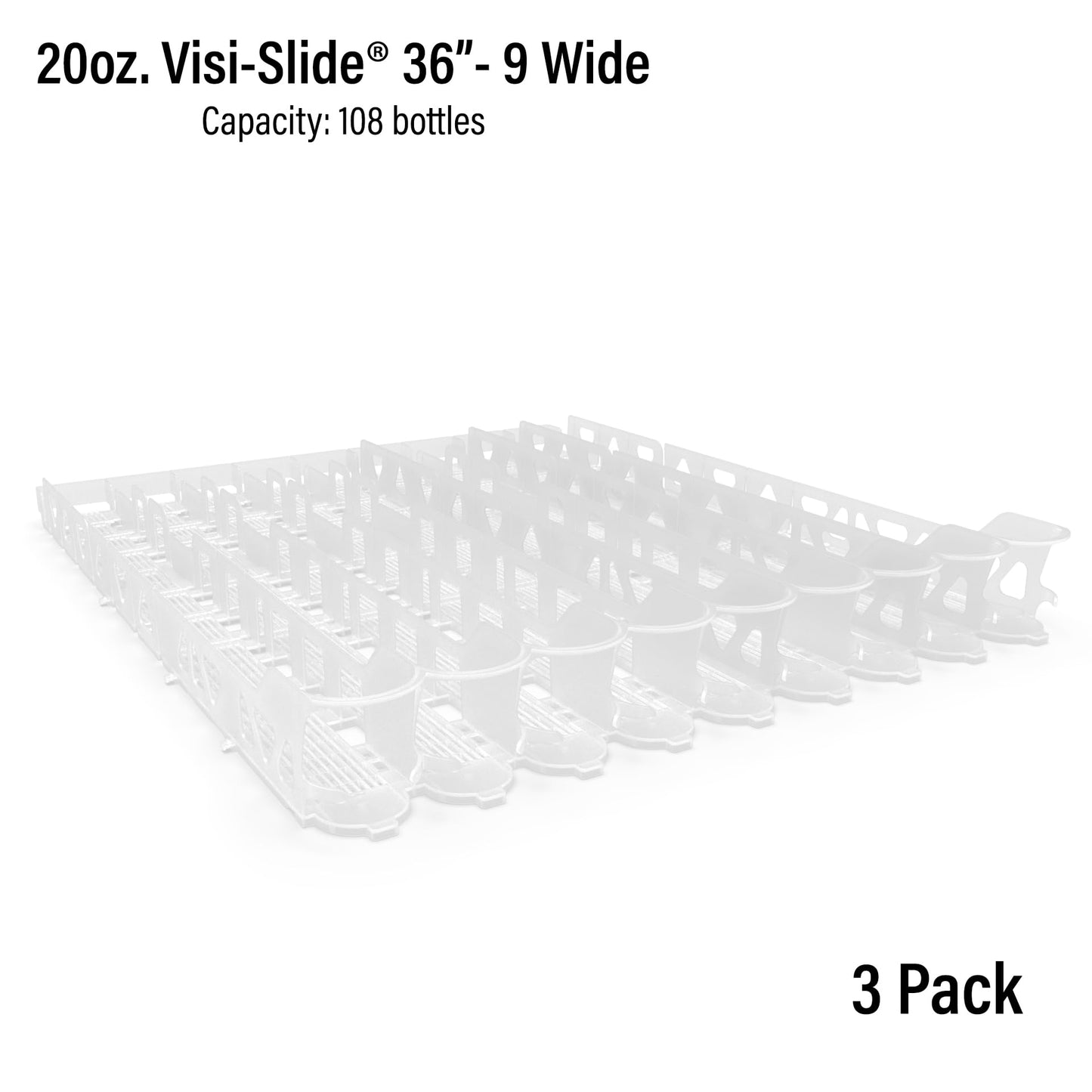 Display Technologies Visi-Slide Gravity Fed Extended Organizer for 20-25oz Beverages on Extended Flat and Angled Shelves in Cold Vaults & Coolers, 9-Wide, 36" Deep Drink Organizer (Pack of 3)