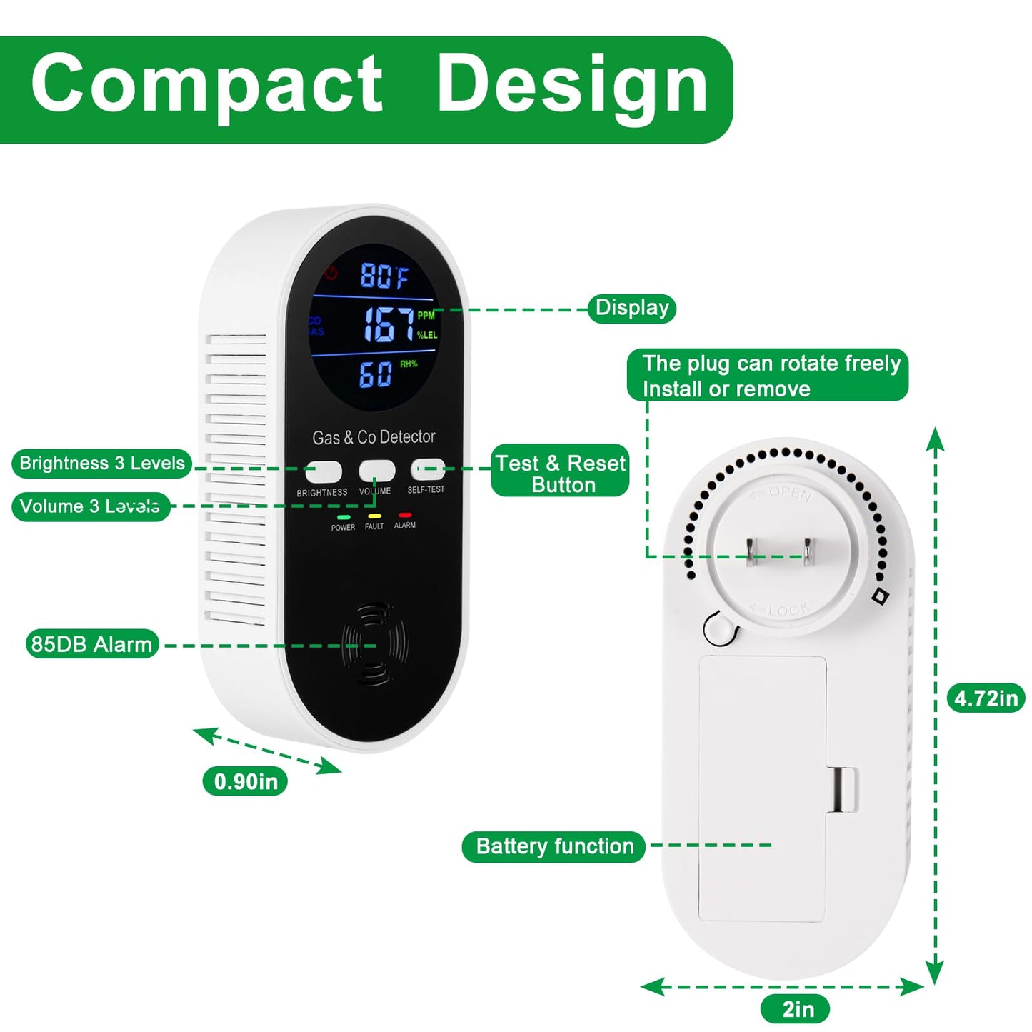 5-in-1 Combination Gas & Carbon Monoxide Detector with Battery Backup,Plug in Natural Gas Detector & CO Alarm with Temperature(°F) & Humidity Sonsor,Propane & CO Detector for Home,RV,Apartment