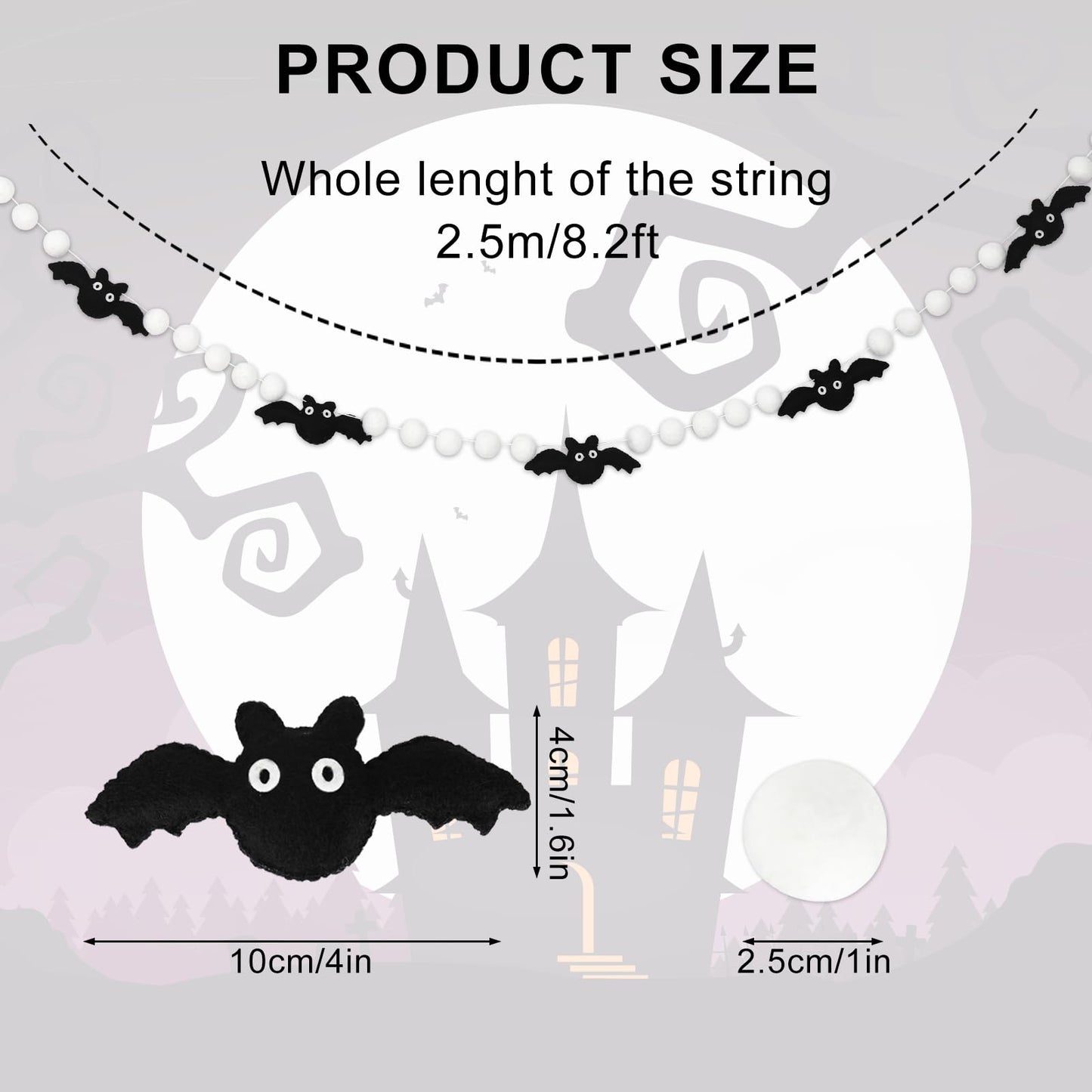 AnyDesign 8.2Ft Felt Garland with 3D Black Bats, White Pom Pom Balls - Halloween Banner for Home Decoration