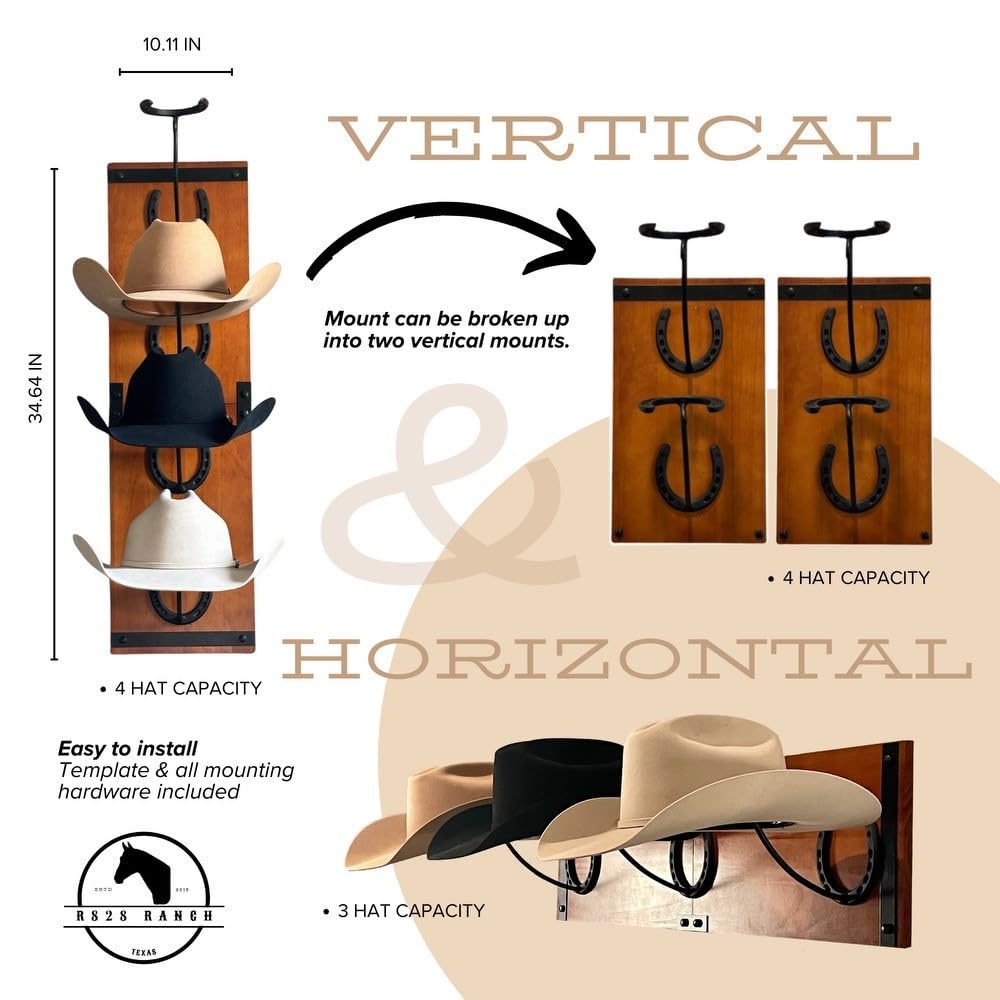 R828 Ranch Cowboy Hat Rack For Wall Mount (34.6” x 10.1” x 13.5”) | Wood Cowboy Hat Holder | Hanging Western Hat Rack w/Metal Accents | Customizable Hat Organizer w/Handmade Horseshoe Mounts