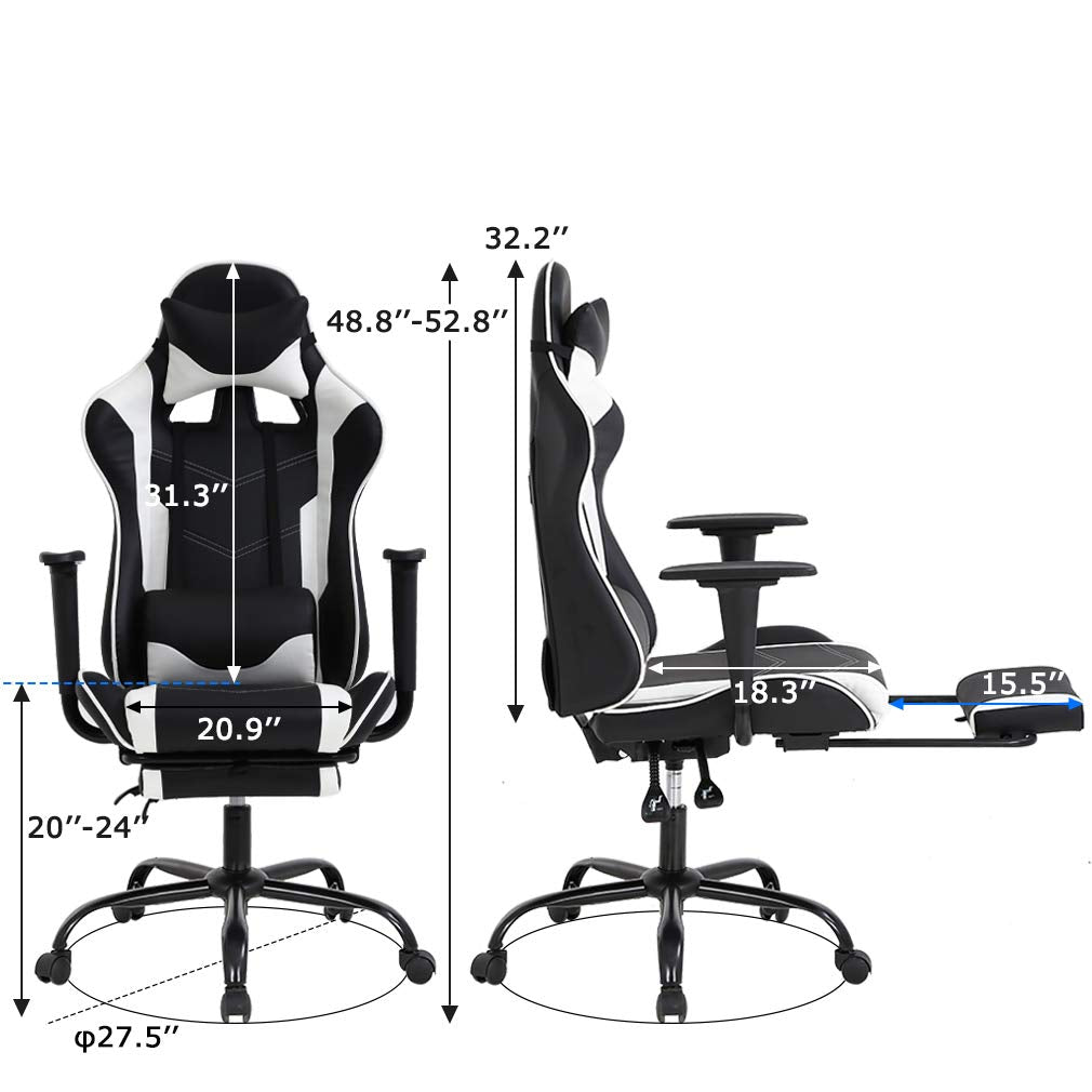 BestOffice PC Gaming Chair Racing Office Chair Ergonomic Desk Chair Massage PU Leather Recliner Computer Chair with Lumbar Support Headrest Armrest Footrest Rolling Swivel Task Chair for Adults, White