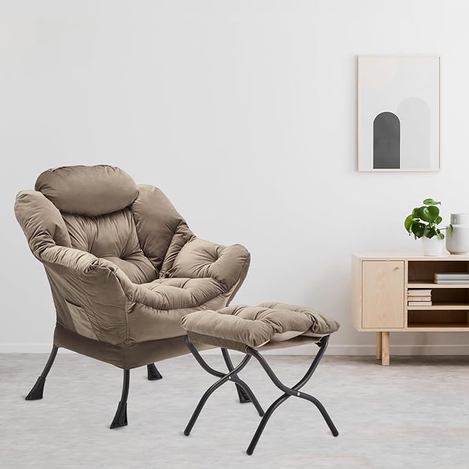 Youtanic Lazy Chair with Folding Ottoman, Accent Chair Velvet Upholstered with Metal Structure and Non-Slip Pads, Sofa Armchair with Footrest and Side Storage Bag for Dorm, Room, Office, Dark Gray