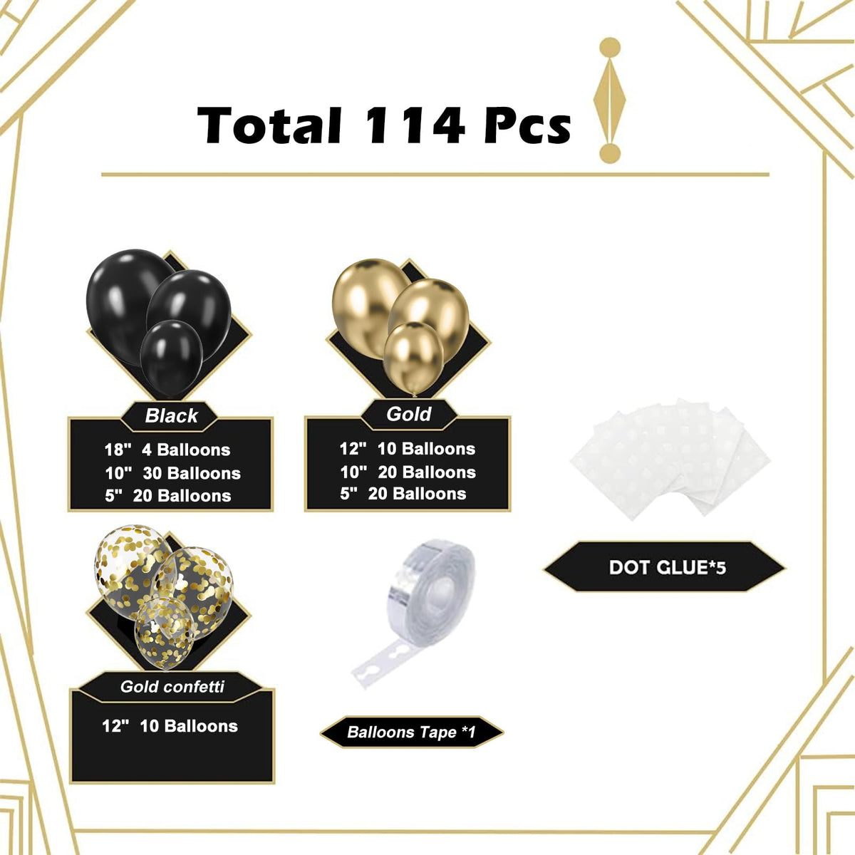 Black and Gold Balloon Garland Kit, 114Pcs Black and Gold Balloons, 4 Size Black Gold Latex Party Balloons for Birthday Decorations, New Years, Wedding, Graduation