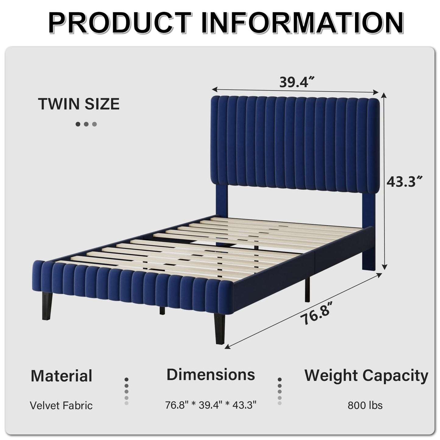 Twin Bed Frame, Velvet Upholstered Platform Bed with Vertical Channel Tufted Headboard and Footboard, No Box Spring Required, Easy Assembly, Blue
