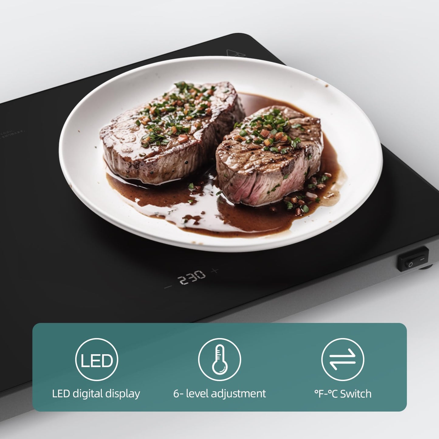 ROPPLIFE Food Warmer Plate,13.8"x10" Electric Warming Tray |6-Temp Control & Memory Function | for Slow Eaters, Seniors, RV Camping, Sourdough Proofing & Office Use