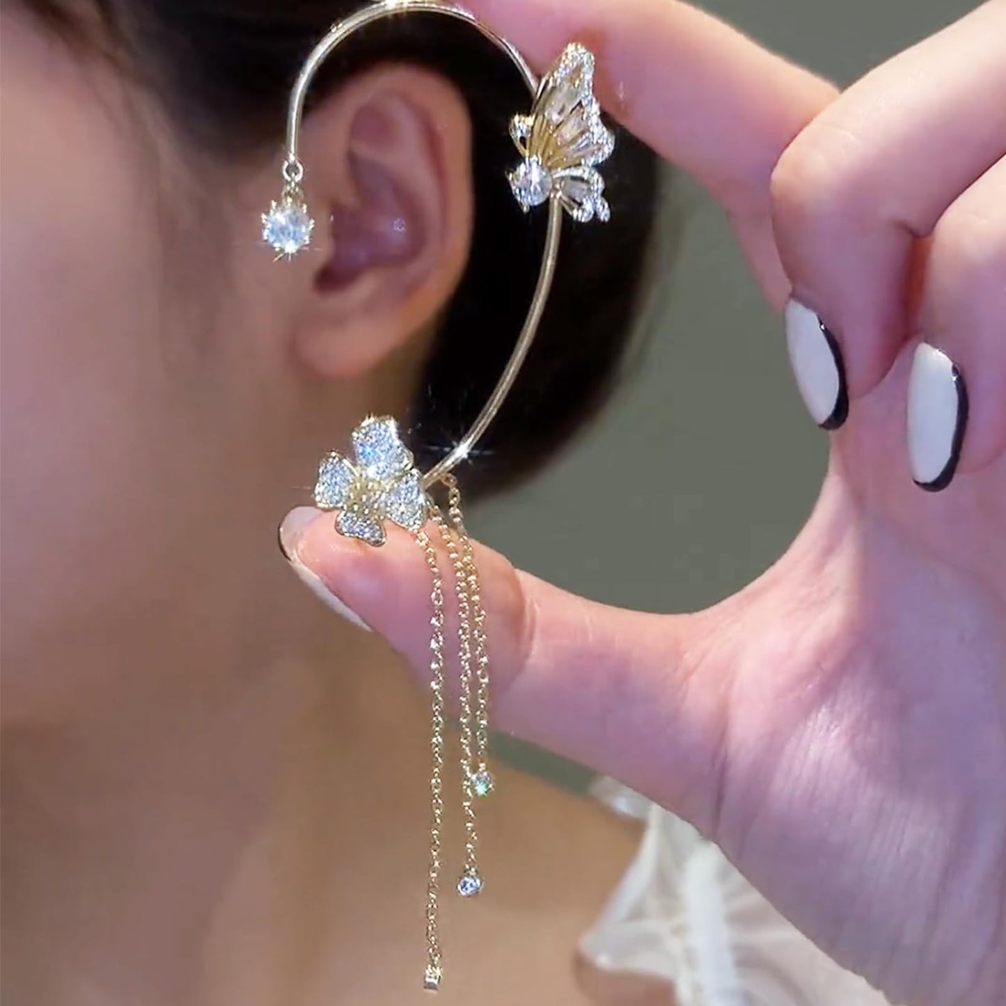 Butterfly Ear Cuffs Earrings Rhinestone Butterfly Flower Ear Wrap No Piercing Tassel Earrings for Women (Gold)