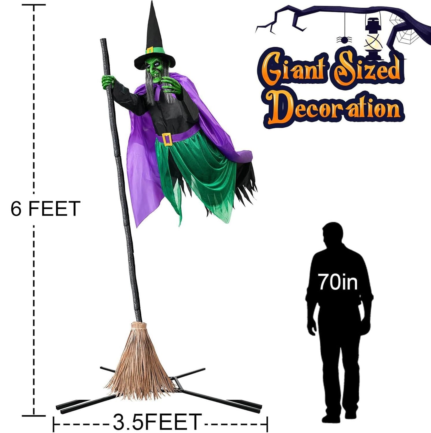Halloween Decorations Outdoor - 6 Ft Animated Hovering Witch Animatronics Prop with Sound & Touch Activated Sensor - Spooky Scary Decor for Home Outside Garden Yard Lawn Green