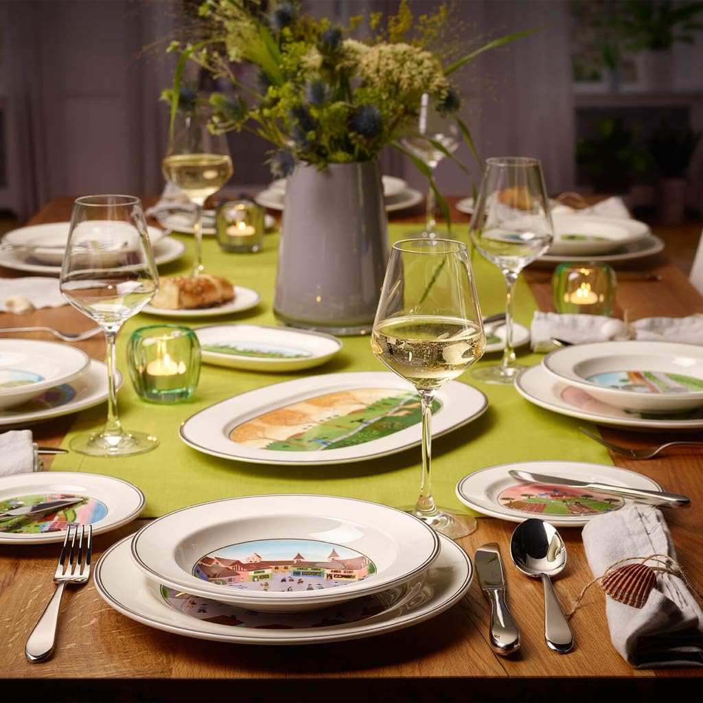 Villeroy & Boch Design Naif Rim Soup #4-Old Village Square, 8.5 in, Premium Porcelain, White/Colorful