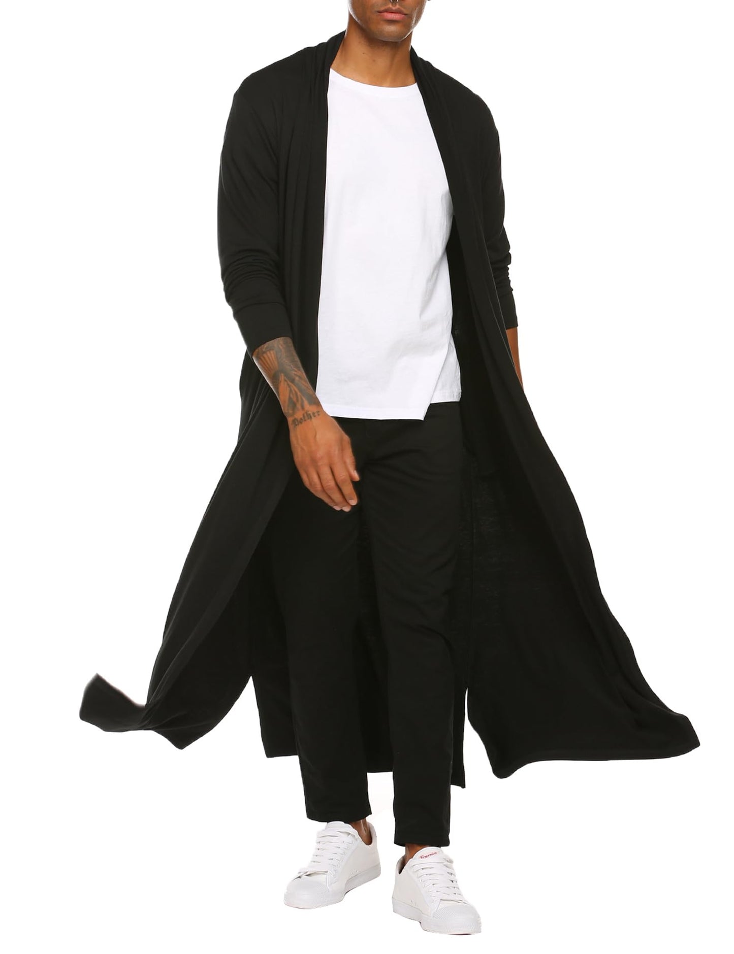 COOFANDY Men's Lightweight Ruffle Shawl Collar Cardigan Open Front Long Length Drape Cape Overcoat Black