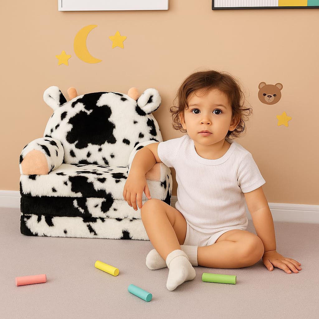 QIUODO Toddler Chair with Faux Rabbit Fur – 2-in-1 Foldable Kids Couch, Soft Sofa for Reading, Napping, Bedroom or Playroom Use, 18 Months+