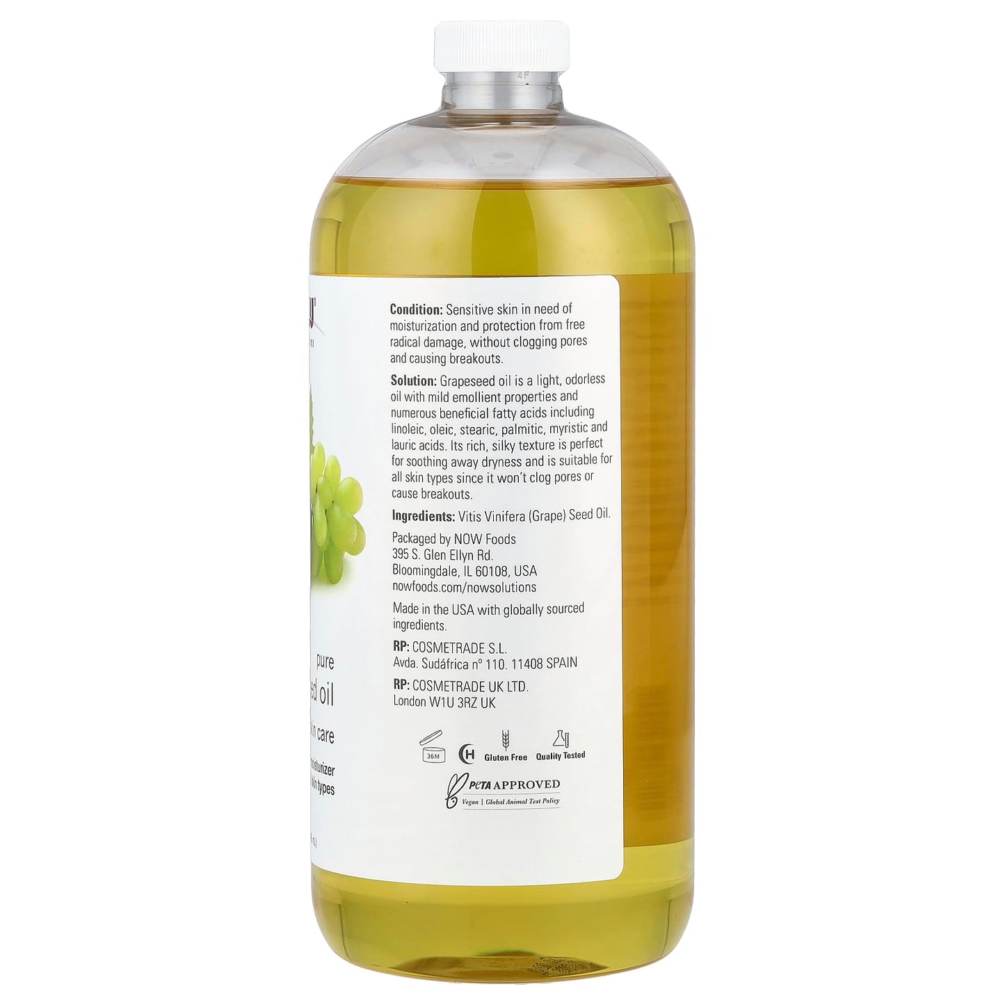 NOW Solutions, Grapeseed Oil, Skin Care for Sensitive Skin, Light Silky Moisturizer for All Skin Types, 32-Ounce