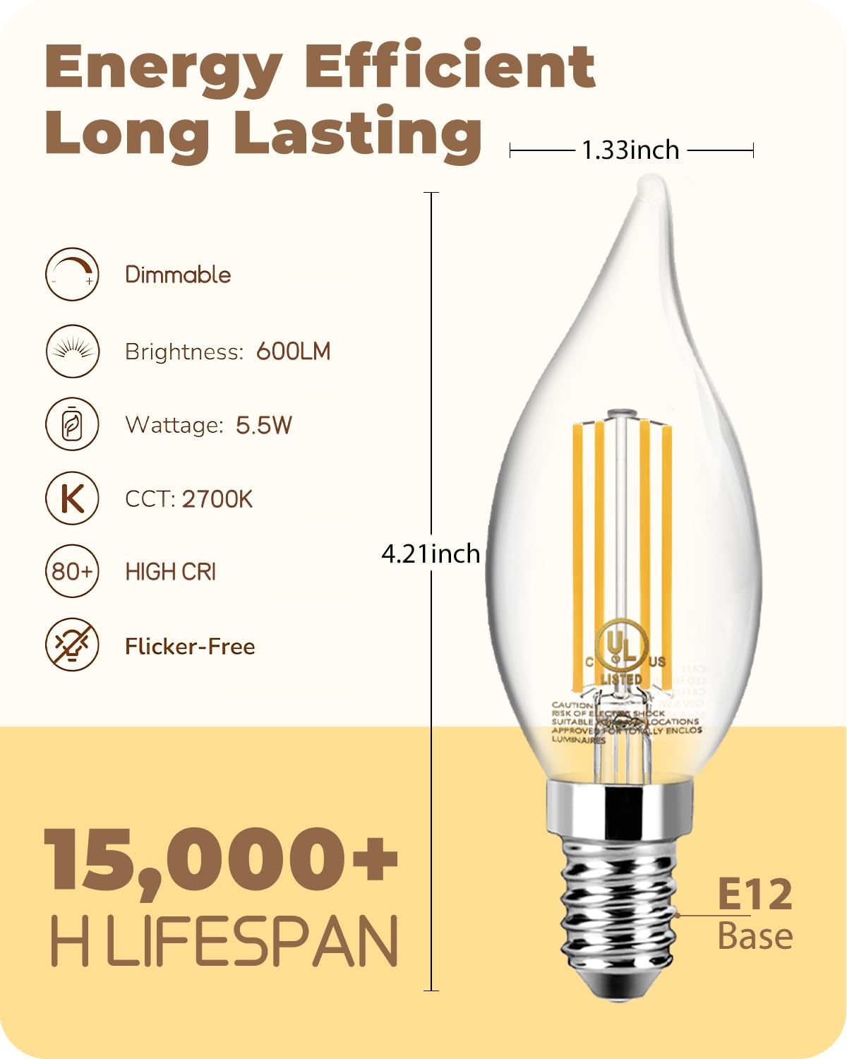 TJOY E12 LED Candelabra Bulb Dimmable, 60W Equivalent LED Chandelier Light Bulbs, 5.5W 2700K Soft Warm White 600LM CA11 Flame Tip Vintage Filament Candle Light, 12 Pack