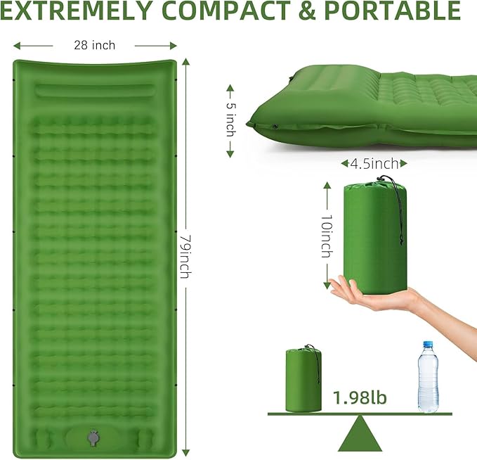 Camping Sleeping Pad, Extra Thick 5 Inch Camping Mat with Pillow, Built-in Foot Pump Inflatable Sleeping Pads Compact for Camping Backpacking Hiking Traveling Tent as Camping Essentials(Green)