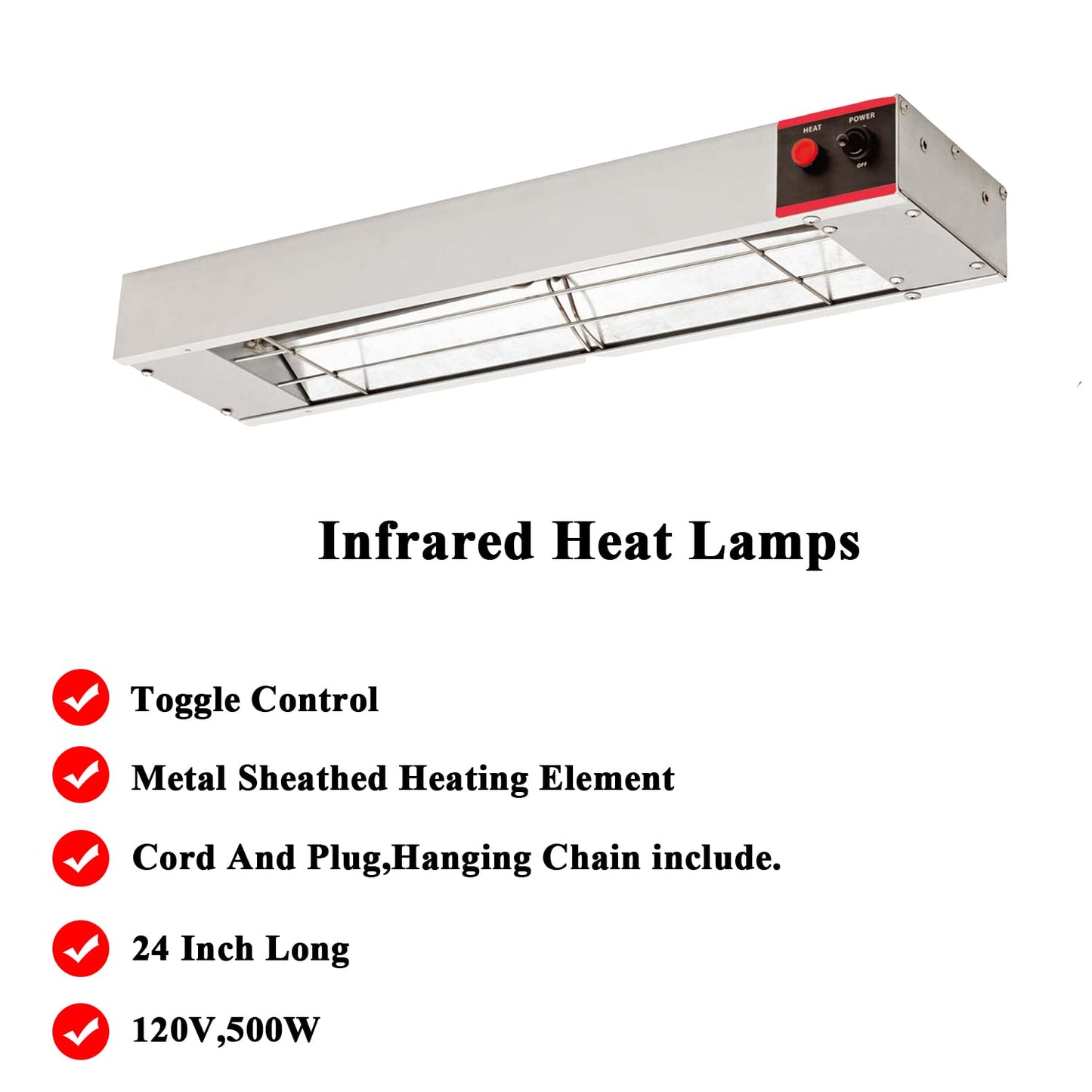 KOUWO 24 Inch Food Heat Lamp Commercial Food Warmer Overhead Strip Warmer 500 Watts with Chain and Us Plug,110v (24")
