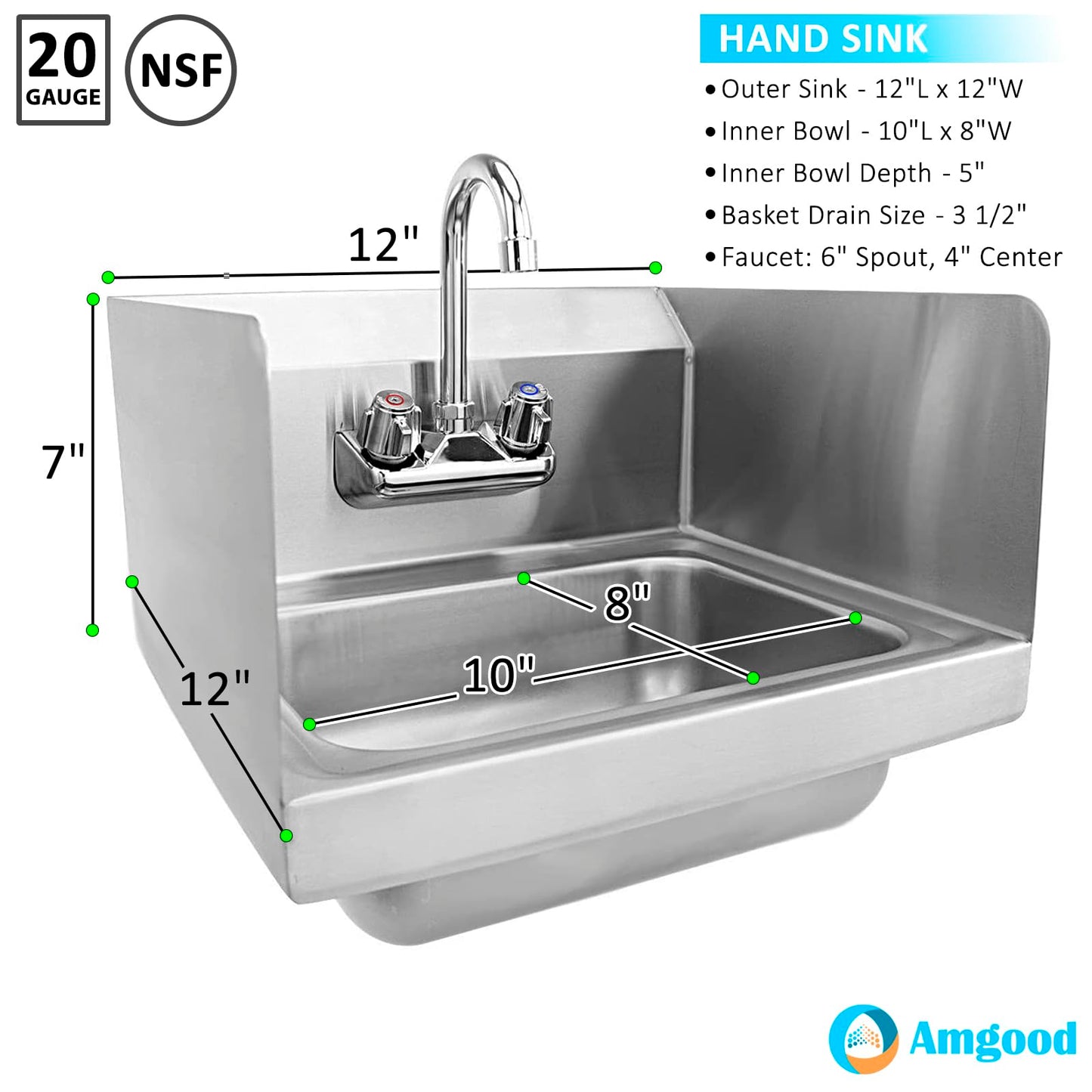 AmGood Stainless Steel Wall Mount Hand Sink with Faucet | Commercial Hand Washing Basin For Restaurant, Kitchen | NSF. (12" x 12" with Sidesplash)