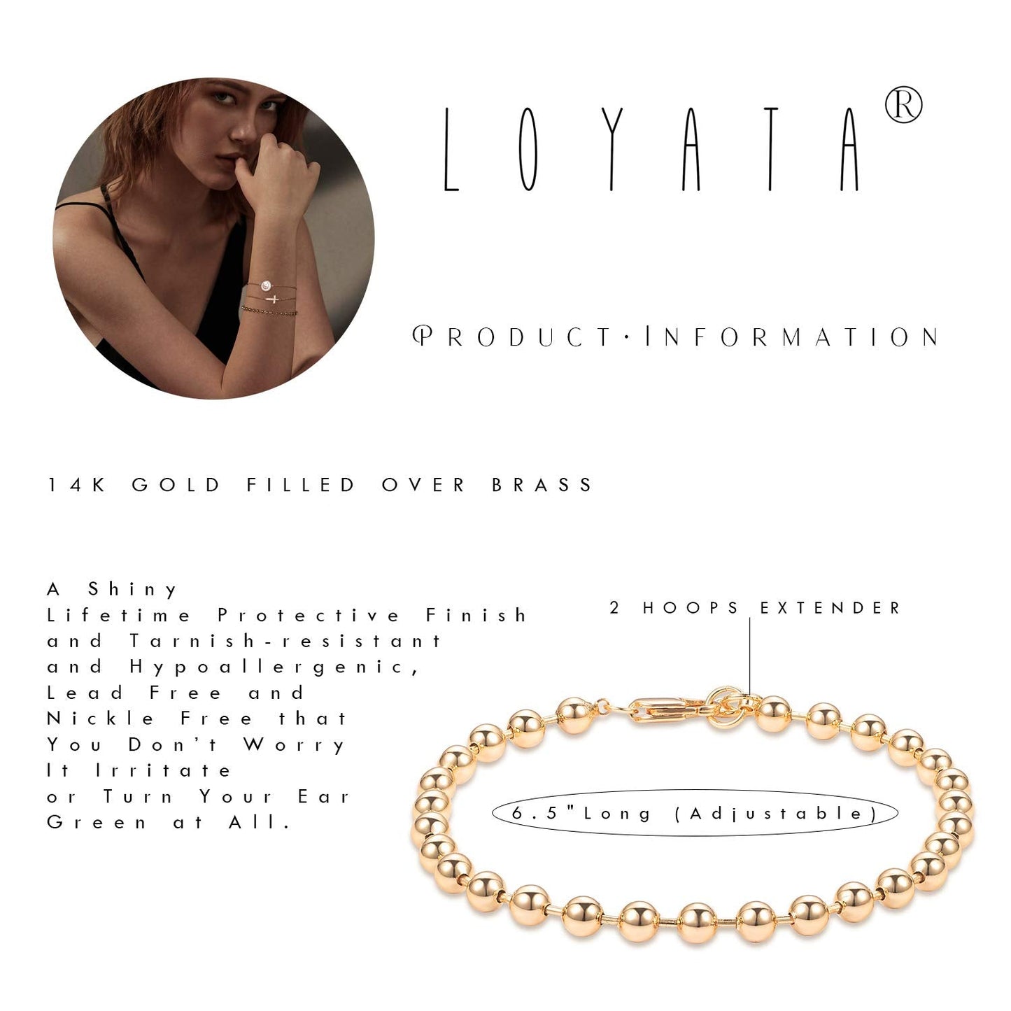 LOYATA Gold Bead Chain Bracelet Tiny Ball Link Chain 14K Gold Plated Dainty Simple Jewelry Gift for Women
