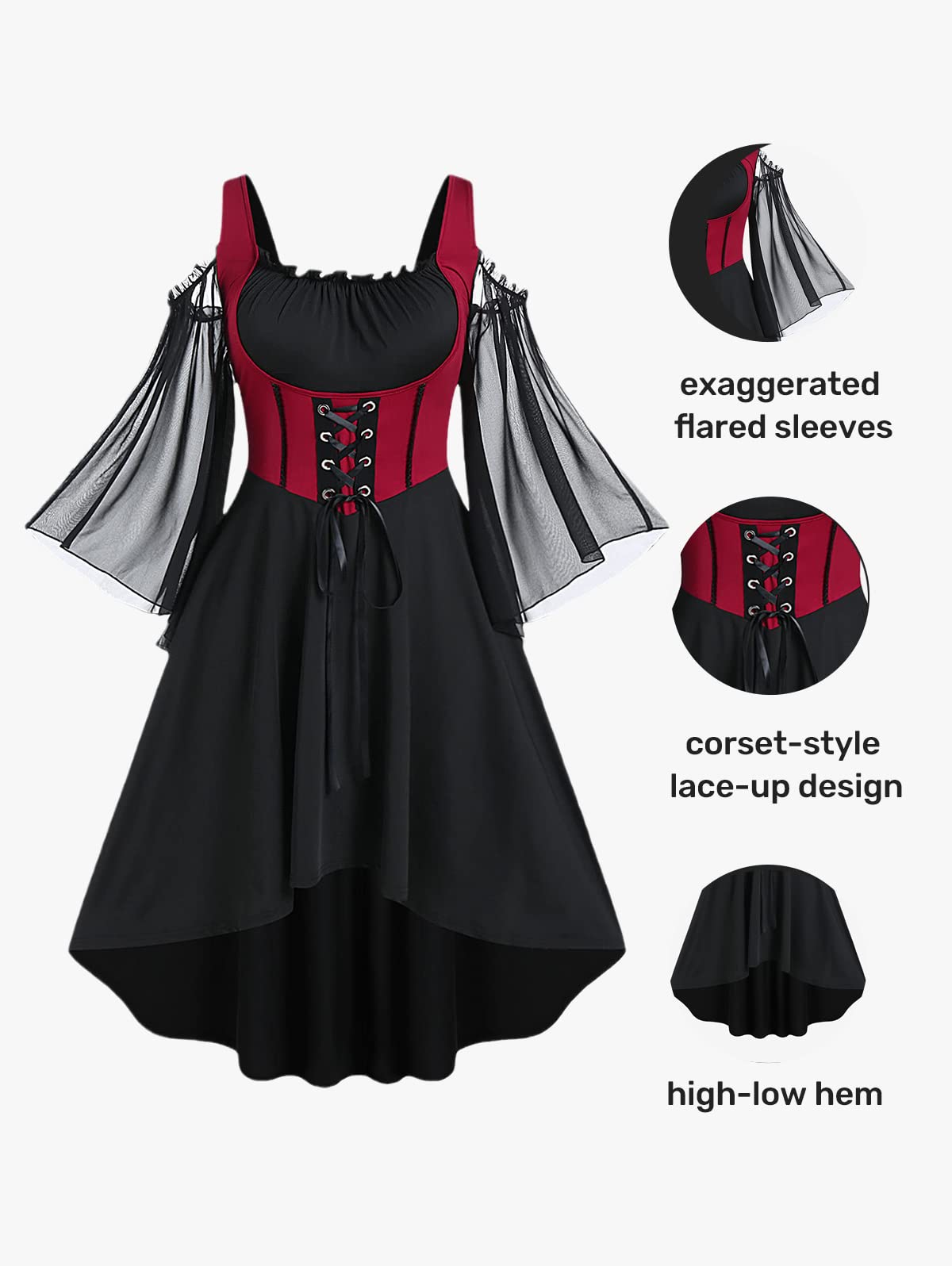Rosegal Women Plus Size Punk Cold Shoulder Flare Sleeves Lace Up High Low A Line Midi Gothic Dress Renaissance Corset Dress(Black-217/L)