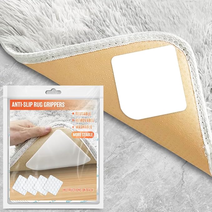 8 Pcs Rug Tape, Reusable Carpet Tape for Area Rugs,Non Slip Rug Pads Grippers for Hardwood Floors and Tiles, Double-Sided Adhesive Rug Stickers Keep Corners Flat, No Damage to Floor