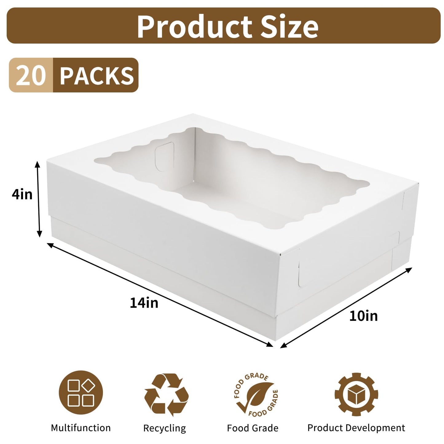 Moretoes 20pcs 14x10x4in Sheet Cake Boxes, White Quarter Bakery Boxes with Window, for Cake Pastry Baking Donuts Cupcake Pie Packaging