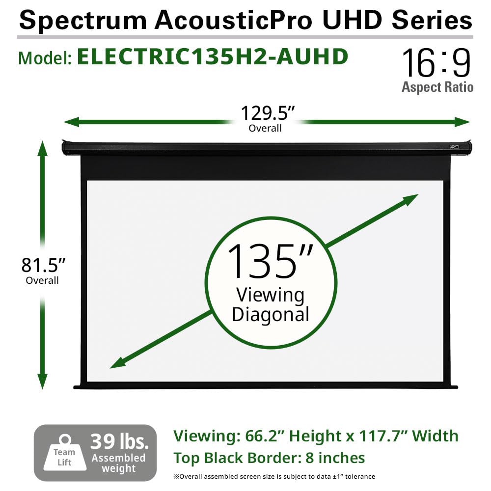 Elite Screens Spectrum AcousticPro UHD, 135-INCH Motorized Electric Projector Screen Moiré-Free Sound Transparent Perforated Weave Movie Home Theaters, ELECTRIC135H2-AUHD