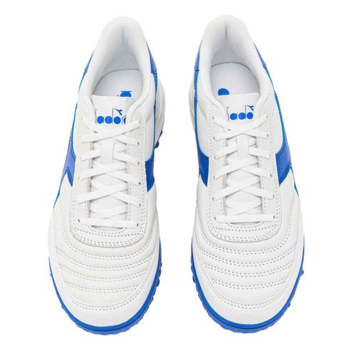 Diadora Calcetto LT Turf Soccer Shoes - Full Grain Leather, Enhanced Cushioning, Anti-Wear Rubber, Synthetic Turf, Optimal Traction and Stability, White/Blue, 9 UK