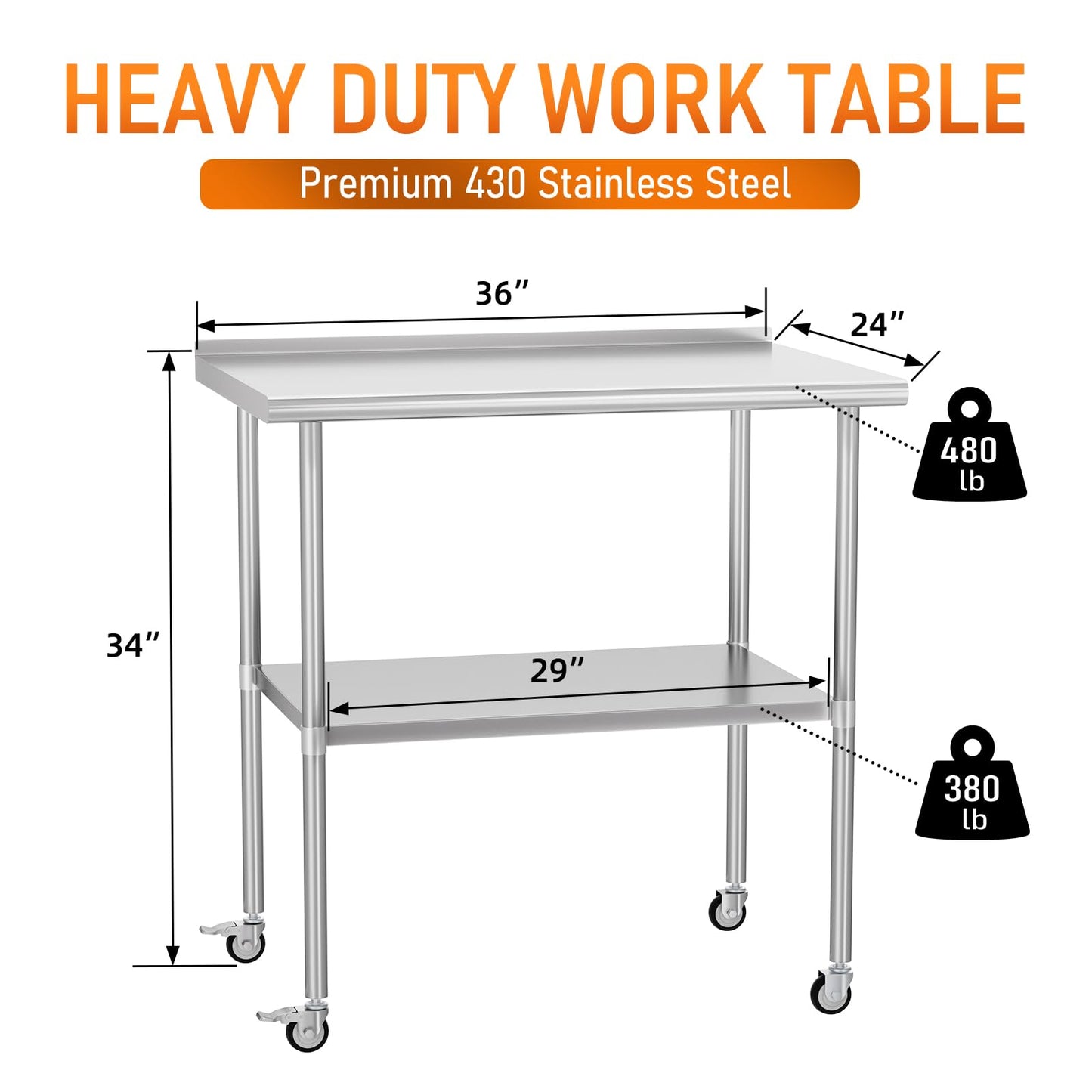 HOCCOT Stainless Steel Prep Table 24" X 36" with Adjustable Undershelf, Backsplash and Wheels, Commercial Metal Workstations for Kitchen, Garage, Outdoor BBQ