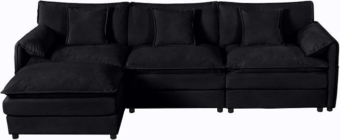 RENDGO 109" Modular Sectional Sofa with 1 Ottoman, Chenille Cloud Couch for Living Room & Apartment, Deep Seat Comfort, Flexible L-Shape Combination Sofa for Home & Office,Black