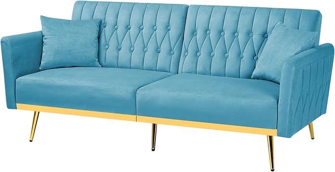 ACMEASE 70” Velvet Futon Sofa Bed with 2 Pillows and Adjustable Armrests, Convertible Sleeper Bed W/Adjustable Backrests, Modern Loveseat for Living Room, Bedroom, Baby Blue