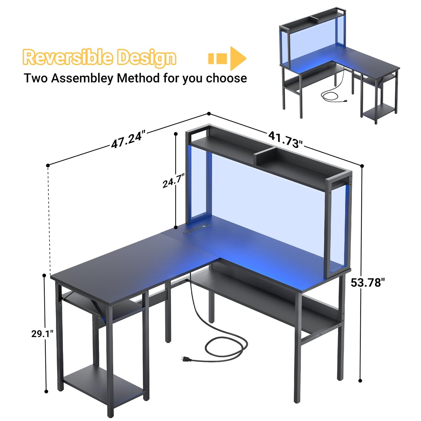 Unikito L Shaped Gaming Desk with LED Strip and Power Outlets, Reversible L-Shaped Computer Desk with Storage Shelves, Corner Desk with Hutch, 2 Person Home Office Desk, Black