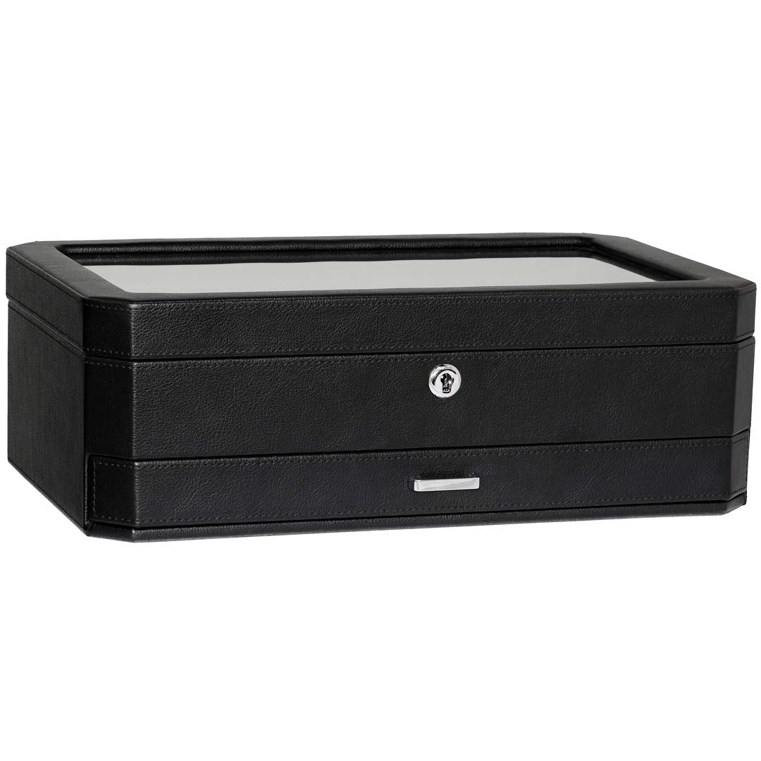 ROTHWELL 12 Slot Leather Watch Box with Valet Drawer - 12 Slot Luxury Watch Case Display Organizer, Microsuede Liner, Mens Accessories Holder, Jewelry Case, Jewelry Display Organizer - Black/Red