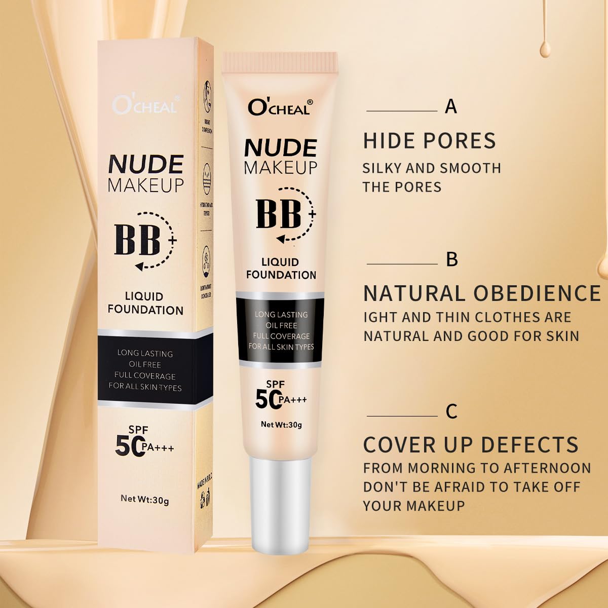 O'CHEAL BB Cream with SPF 50+ | Full Coverage Tinted Moisturizer with Buildable Concealer Powder Foundation, Oil-Free, Hydrating