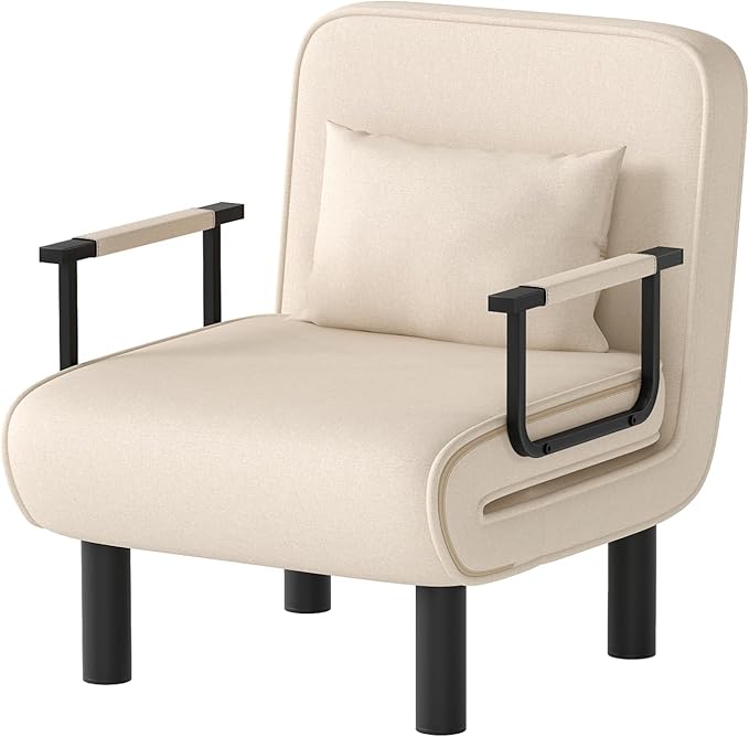 Furniliving 4 in 1 Folding Sofa Bed Chair, Convertible Sleeper Chair Bed with 6-Position Adjustable Backrest, Upholstered Chaise Lounge with Pillow, Accent Chairs for Bedroom/Office, Linen, Beige, 2