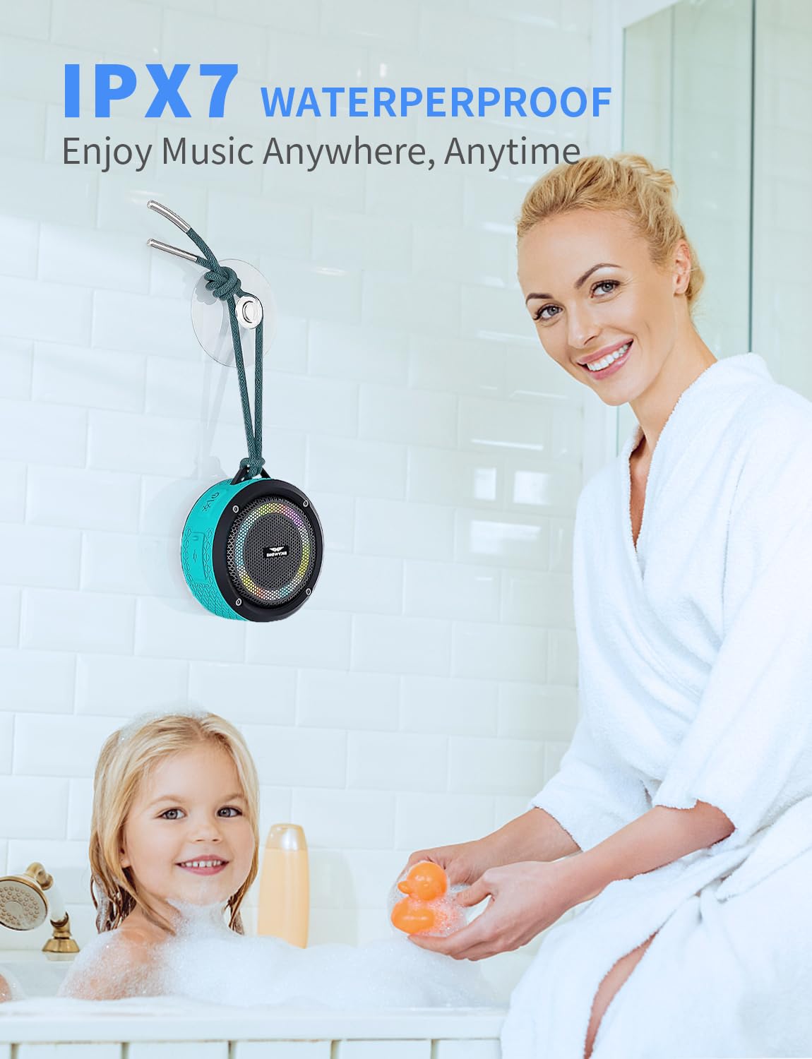 SKYWING Soundace S6 IPX7 Waterproof Shower Speaker 5W Bass+ Bluetooth with Suction Cup Hook Lanyard RGB Light, Premium Mini Portable Outdoor Wireless Speaker for Bike Pool Beach