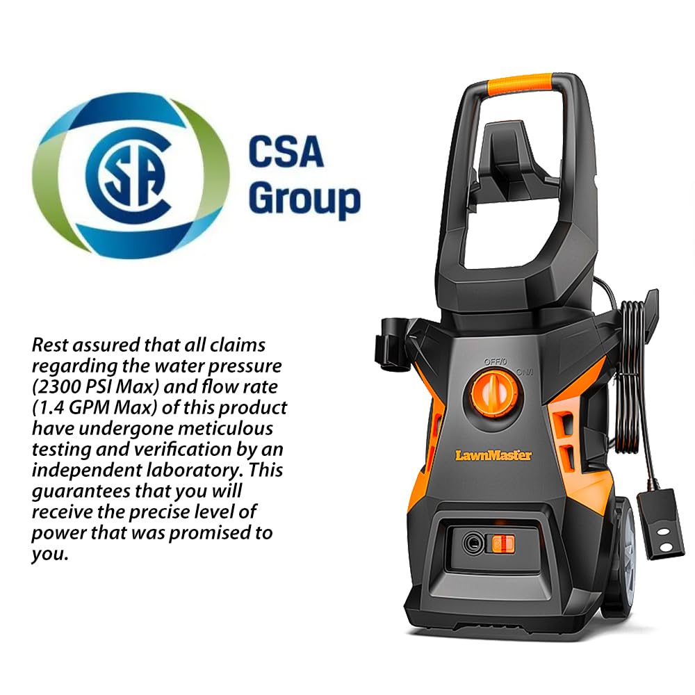 LawnMaster LT506-2000A Electric Pressure Washer 13 Amp 1.4 GPM 2300 Max PSI CSA Certified with Detergent Bottle