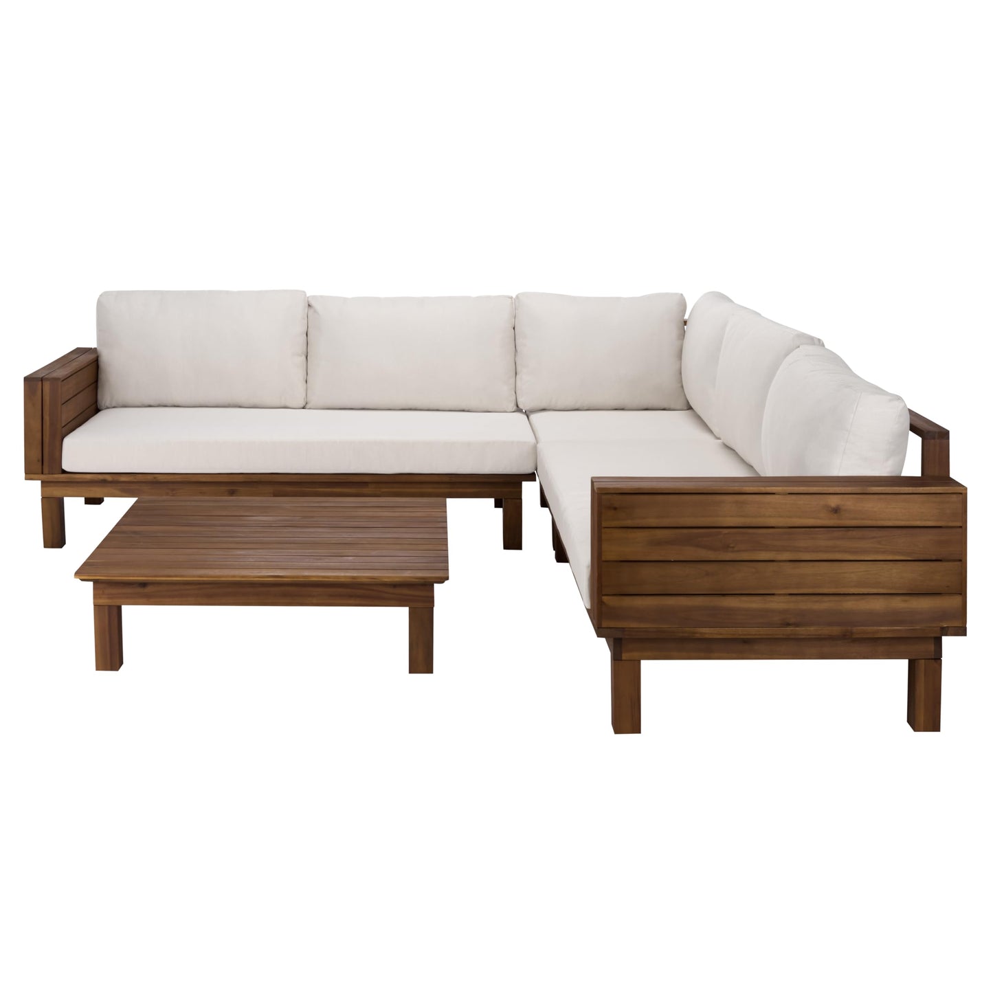 SAFAVIEH Outdoor Patio Furniture Collection - Napoli Teak Brown & Cream Solid Wood 4-Piece Sectional Sofa Set with Coffee Table, Durable Cushions, Modern Outdoor Seating (PAT6806A)