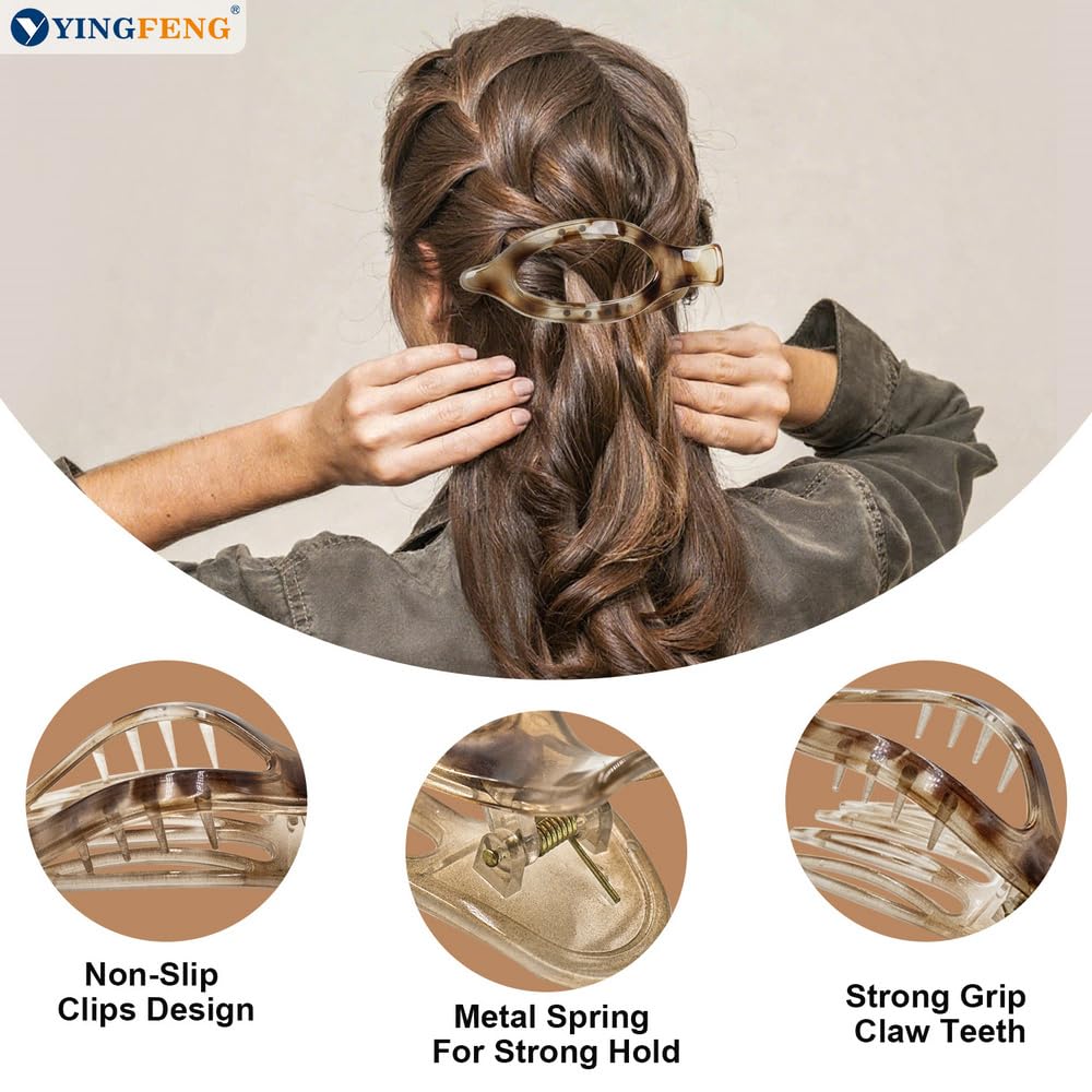 12 Pcs Tortoiseshell Flat Hair Clips, YINGFENG Flat Claw Clip for Women, Bright Non-Slip Flower Claw Clips for Thin Thick Hair,
