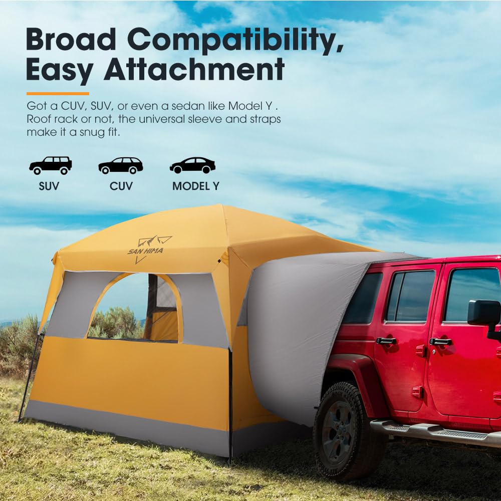 SanHima SUV Tent for Camping with Rainfly - 2 Door Design Waterproof PU3000mm Double Layer SUV Tailgate Tent for Van Jeep CUV Model Y, 10'L x 9'W x 6.6'H, Up to 6 Person, Orange & Gray