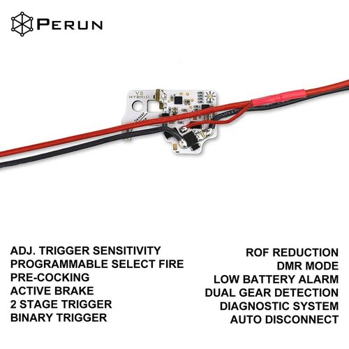Perun V2 Hybrid MOSFET for Airsoft AEG with Tokyo Marui V2 Gearbox Design - Programmable Trigger Modes, Fire Modes, DMR Mode, & Low Battery Alert - Rear Wired