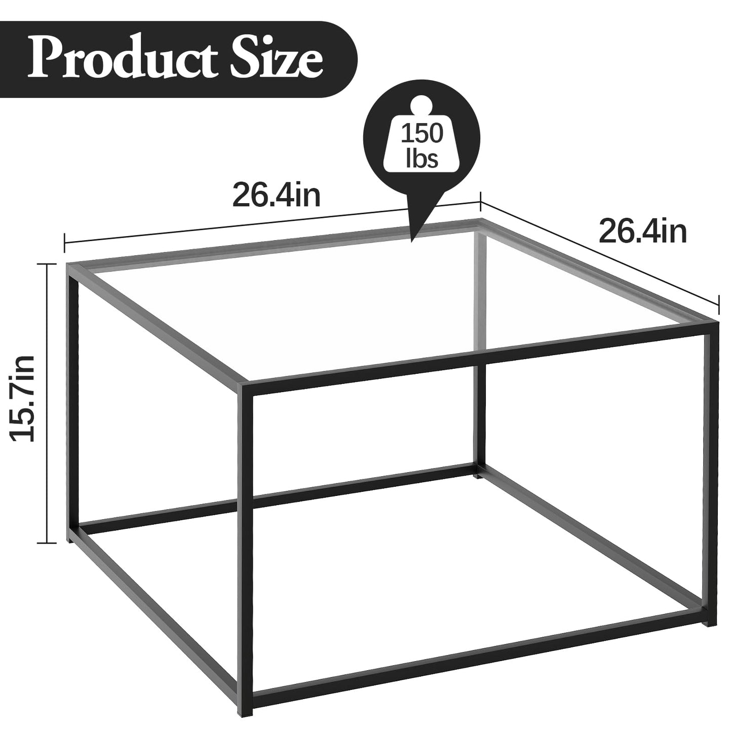 Black Glass Coffee Table for Living Room,Square Coffee Tables for Small Spaces,Simple Tea Cocktail Modern Center Tables, Living Room Tables,Easy Assembly,26 * 26in(Black & Clear Glass)
