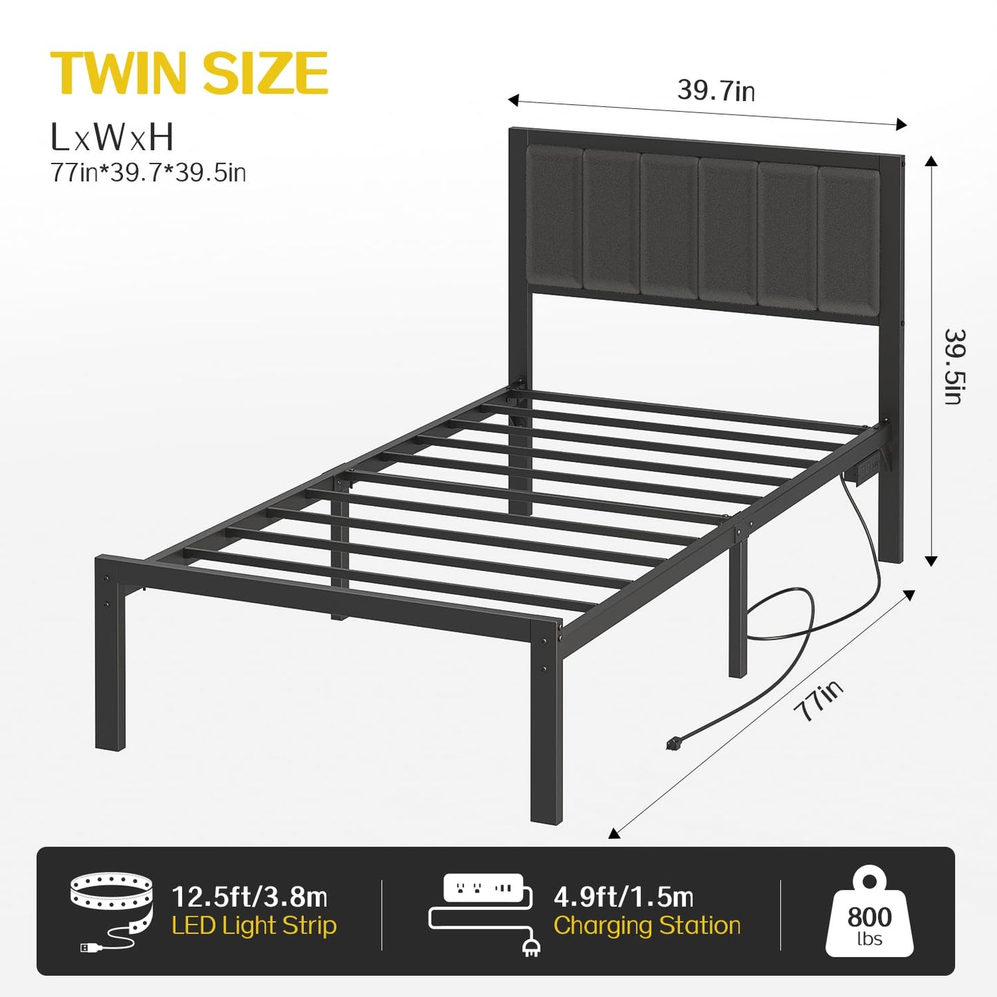 OLEVS Twin Bed Frame with Headboard Metal Platform Bed Twin Size with USB Charging Station and LED Lights, No Box Spring Needed