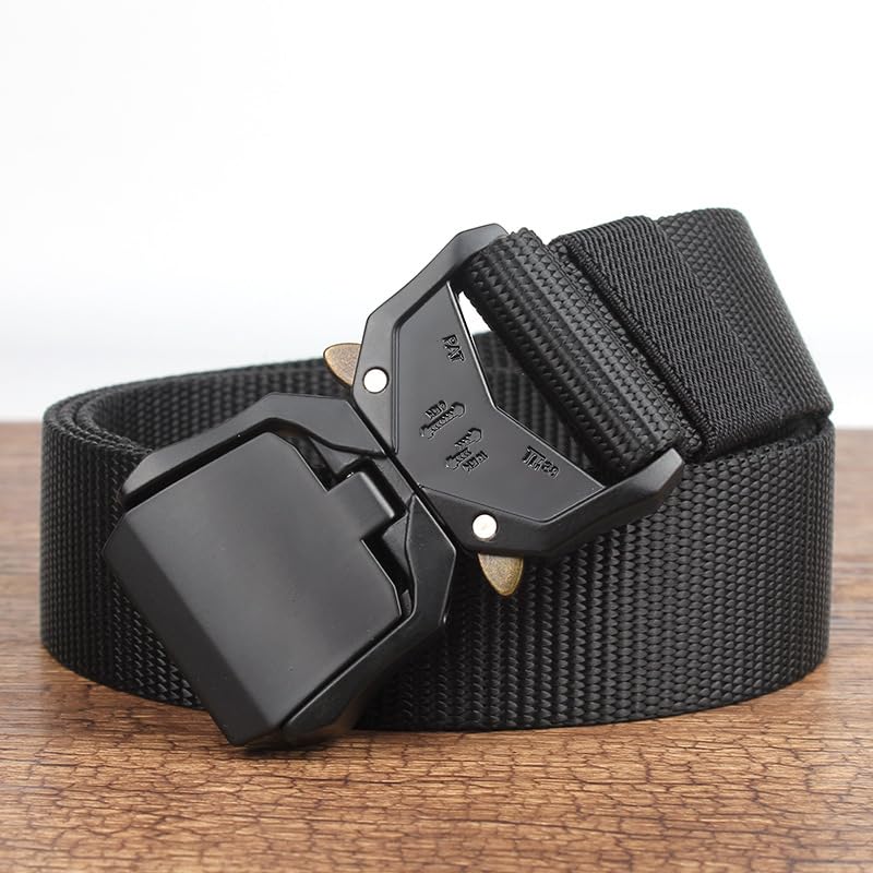 Belts for Men with Heavy-Duty Quick Release Buckle, Men's Military Stretch Nylon Web Belt for Hiking Work-Black