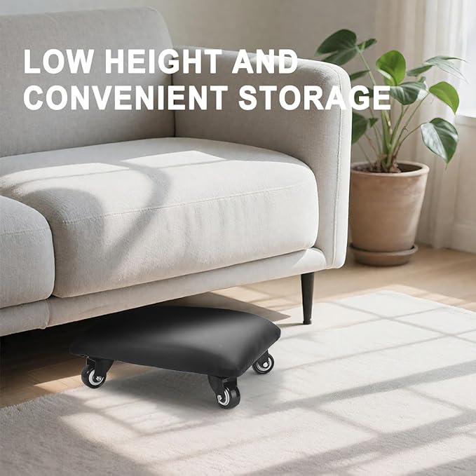FLOLXNB Low Height Rolling Stool Low Roller Seat PU Leather Square Roller Seat Stool Low Rolling Chair for Home Office Fitness Garage (Black)