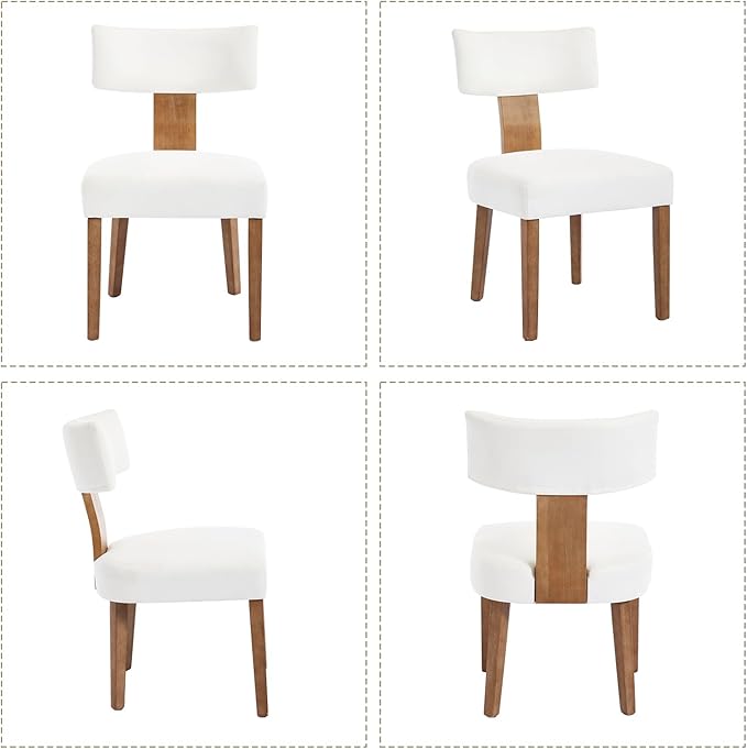 KHISCHMO Mid Century Modern Dining Chairs, Upholstered Linen Fabric Chairs with Curved Backrest and Wood Legs, Comfy Kitchen Vanity Chairs for Dining Room/Living Room/Kitchen, Set of 6 Cream