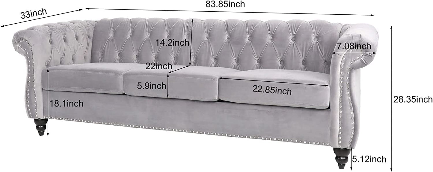 Chesterfield Sofa Velvet, Modern Tufted Couch 3 Seater with Rolled Arms and Nailhead for Living Room, Bedroom, Office, Apartment (Grey)